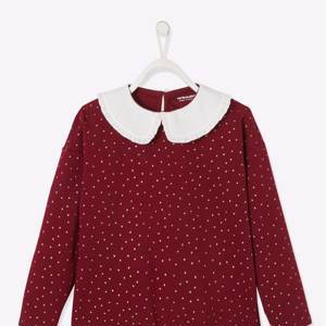 Sailor-Style Top with Ruffled Collar for Girls - dark red/print