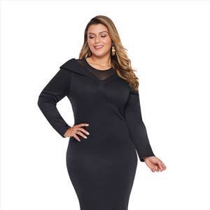 Black Mesh Neck Patchwork Plus Size Midi Dress