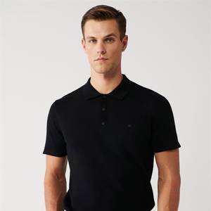 Siyah Pamuklu Polo Yaka Regular Fit Standart Kesim İnce Triko T-Shirt