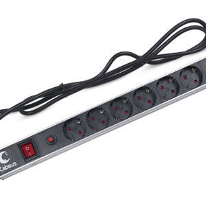 Cabeus PDU-6P-F-2EU Блок евророзеток для 19" шкафов, горизонтальный, 6 розеток, 16 A, выключатель, шнур 2м, алюминиевый корпус, немецкий стандарт