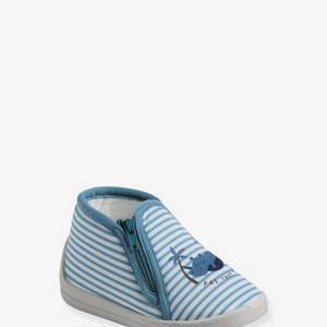 Zipped Slippers in Canvas for Babies - striped blue