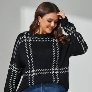 Plus Plaid Pattern Drop Shoulder Sweater