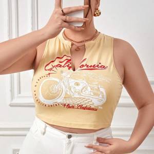 Plus Size Motorcycle & Letter Print Tank Top For Summer