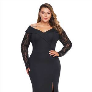 Beaded Lace Sleeve Off Shoulder Plus Size Gown