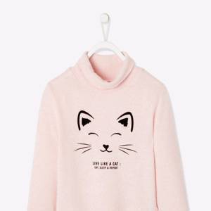Polo Neck Top with Fancy Cat Motif for Girls - light pink