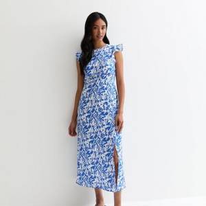 Blue Floral Frill-Sleeve Midi Dress