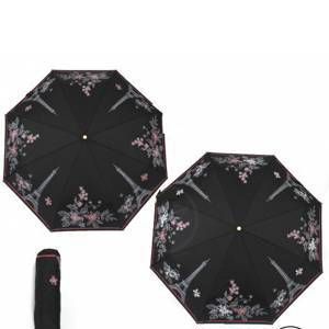 Зонт женский ТриСлона-L 3822 R  (проявляющийся рисунок),  R=58см,  суперавт;  8спиц,  3слож,  "Эпонж",  черный  (Париж и цветы)  235244