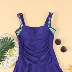 Blue Floral Print Accent One-piece Swimdress