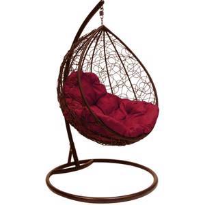 Подвесное кресло Кокон Капля Ротанг (коричневое с бордовой подушкой)