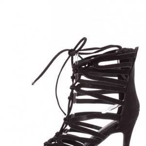 Black Strappy Lace Up Single Sole High Heels Faux Suede