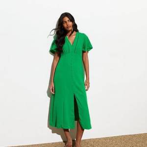 Green Lace Trim Button Front Midi Dress