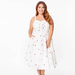 Unique Vintage Plus Size White Eyelet & Red Roses Golightly Swing Dress
