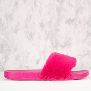 Fuchsia Faux Fur Open Toe Slip On Sandals