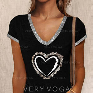 Heart Print Sequins V-Neck Short Sleeves T-shirts 
        #367952