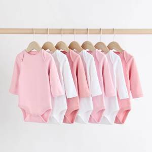 Pink/White 100% Cotton Essential Long Sleeve Baby Bodysuits