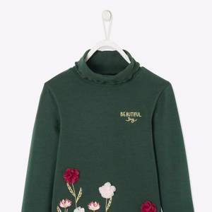 Polo Neck Top with Flowers & Fancy Iridescent Details for Girls - dark green