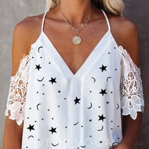 Print Lace Cold Shoulder 1/2 Sleeves Casual Blouses 
        #367565